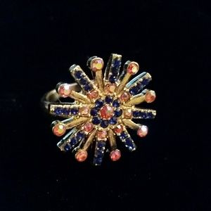 Starburst Rhinestone Cocktail Ring Gold Tone 8